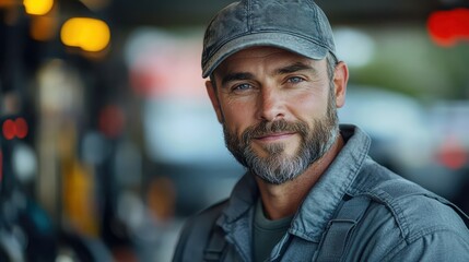 Middle-aged gas station worker with a gray beard and a cap, smiling confidently while standing outdoors. Portrait of a blue-collar worker, highlighting hard work and experience in the industry.