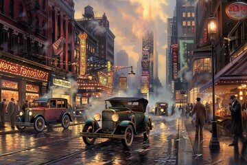 Bustling New York Street Scene in the 1920s with Flappers and Cars.