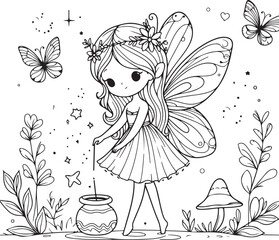 A beautiful fairy lineart coloring book illustration