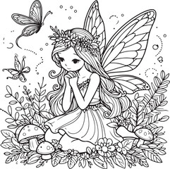 A beautiful fairy lineart coloring book illustration