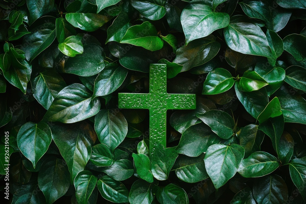 Wall mural The Christianity cross of green leaves. Baptism, Easter, church holiday background , ai