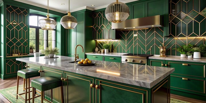 quartz countertop in rich emerald green with geometric pattern and bold gold accents in glamorous art deco-inspired kitchen
