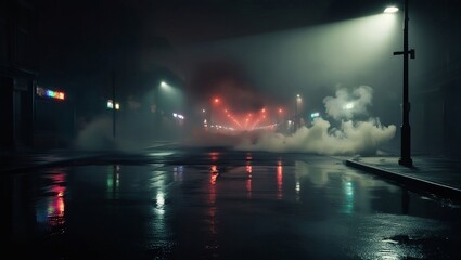 reflection of neon lights, a searchlight, smoke. Abstract light in a dark empty street with smoke, smog. Dark background scene of empty street, night view, night city.