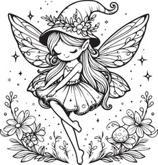 A beautiful fairy lineart coloring book illustration