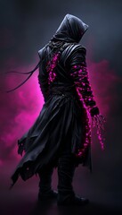 A mysterious figure cloaked in dark attire stands against a vibrant, swirling background, exuding an aura of power and intrigue.