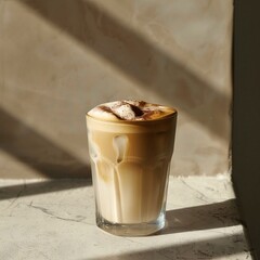 Iced Cappuccino on Frosted Grained Countertop, Side Shot, Studio Lighting, Chinese Minimalist Aesthetics