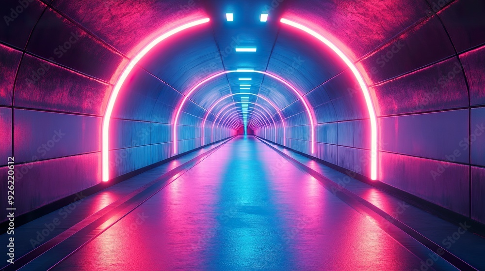 Poster 3d depiction of an abstract neon-lit tunnel in architecture