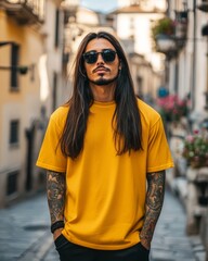 Fototapeta premium Model poses confidently in a vibrant t-shirt, surrounded by a picturesque street