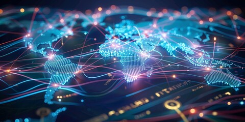Obraz premium The image features a meticulously crafted world map with a high-definition focus on the intricate network of telecommunication and data exchange pathways connecting the globe.