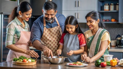 indian family spending quality time busy cooking