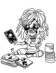 A cute black and white monstrous witch with magic cards. With messy hair, wide smile, wearing dark glasses and reading tarot cards the character adds spooky playful touch.
