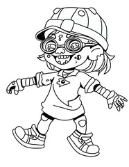 Cute black and white drawing of  a monstrous zombie girl wearing glasses and hat. With tattered clothes, wide smile and playful she can add funny creepy touch to Halloween illustrations and projects.