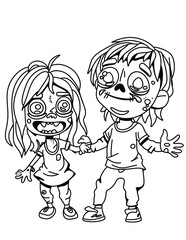 A cute black and white illustration of cool monster girl and boy holding hands. Funny couple dancing and smiling adds carefree, quirky vibe for Halloween or character-driven designs.