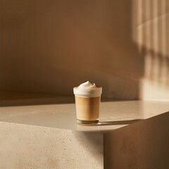 Iced Cappuccino on Frosted Grained Countertop, Side Shot, Studio Lighting, Chinese Minimalist Aesthetics