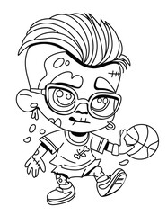 Cute Black and White Drawing of a Zombie boy wearing glasses playing a ball. Funny basketball illustration can add playful touch to creepy Halloween illustrations and projects.