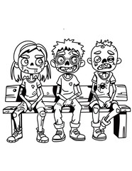 Black and white drawing of monstrous friends. Creepy characters wearing tattered clothes with messy hair and wide smiles. Playful scary illustration.