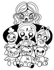 A creepy black and white drawing of a monster girl with creepy dolls and teddy bears. Scary smile of a girl and tattered toys perfect for Halloween or whimsical, character-driven projects.