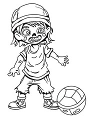 Cute Black and White Drawing of a Zombie boy playing a ball. Funny football illustration can add playful touch to creepy Halloween illustrations and projects.