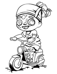 A cute black and white drawing of a monster girl riding a scooter. Funny character with a cute smile can add playful touch to creepy Halloween illustrations and projects.