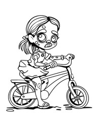 A cute black and white drawing of a monster girl riding bike. 