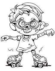 A fun black and white illustration of cool monster girl roller skating. Wearing glasses with messy hair, wide smile and tattered clothes perfect for Halloween or whimsical, character-driven designs.
