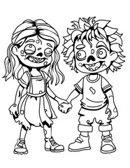 A cute black and white illustration of cool monster girl and boy holding hands. With messy hair and a wide smile, the couple adds carefree, quirky vibe for Halloween or character-driven designs.