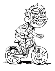 A cute black and white drawing of a monster boy riding a bicycle. Creepy character with a wide smile can add playful touch to creepy Halloween illustrations and projects.