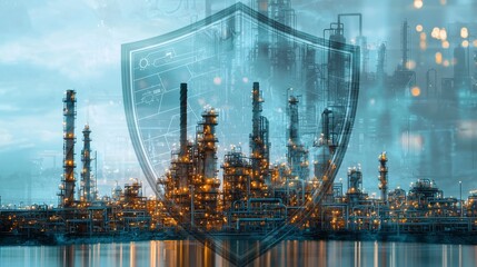 Industrial facility protected by a digital shield, symbolizing critical infrastructure protection and national security.