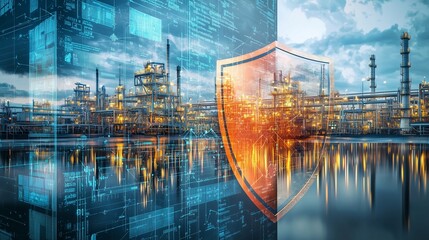 Industrial facility with a shield symbolizing protection, representing energy security and critical infrastructure protection for national safety.