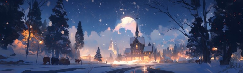 Fototapeta premium Anime-Style Enchanted Christmas Night in the Village: A Concept Art Landscape with Snowmen, Icicles, and Snow Houses, Ideal for Character Design and Video Game Digital Painting.