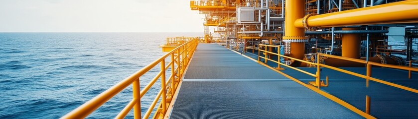 A vibrant industrial walkway extends over the ocean, showcasing modern engineering and infrastructure in a scenic marine environment.