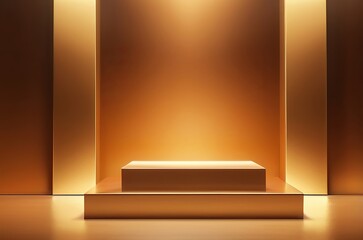 Warm golden square podium with soft sunlight streaming in, set on a gradient background transitioning from gold to orange, ideal for beauty products. Made with generative AI technology