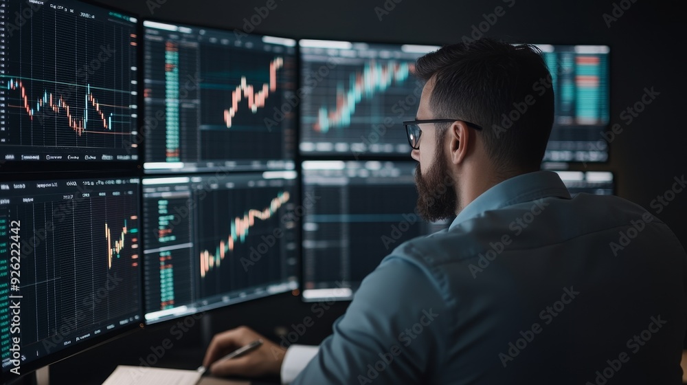 Poster focused trader analyzing stock market trends on multiple digital screens, demonstrating professional