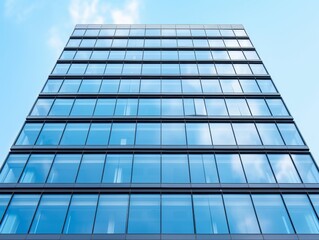 Low angle view of a modern glass office building against a blue sky.