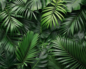 Lush green tropical leaves create a vibrant and textured background. Perfect for nature, summer, and tropical themes.