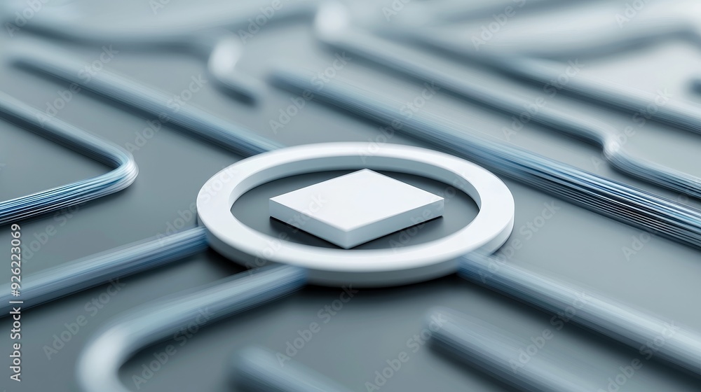 Poster minimalistic abstract design featuring a central square with circular elements, ideal for technology