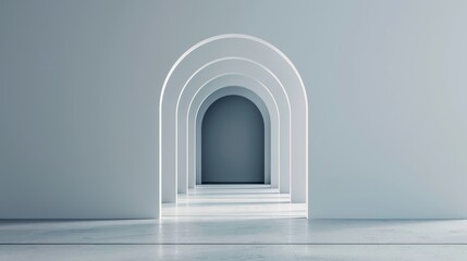Minimalist white archway leading to an empty room with a white platform.  The archway is surrounded by a gray wall.