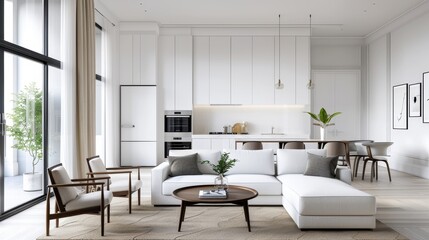 Fototapeta premium Modern living room with white furniture, large windows, and a view of a balcony.