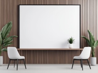 Modern minimalist interior featuring a blank canvas, plants, and elegant chairs for a stylish workspace or gallery setting.