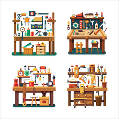 "Wooden Workbench with Assorted Tools - Detailed Illustration of Various Hand Tools on Rustic Workbench"
