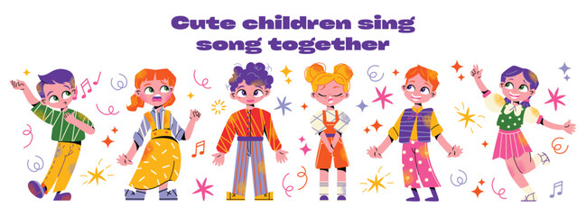 Kids singers in choir set. Cute children sing song together. Diverse vocal talented students group. Child church chorus with music performance. Flat isolated 