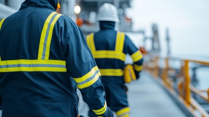 Fototapeta premium Two workers in safety gear walk along an industrial platform, highlighting safety and teamwork in a work environment.