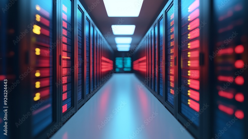 Poster vibrant data center hallway filled with server racks, showcasing illuminated lights and modern techn
