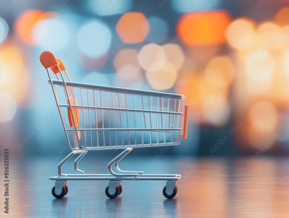 Poster a shopping cart on a reflective surface with a blurred background of lights.