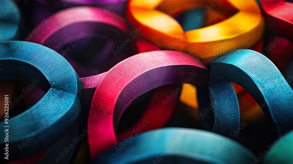 Aufkleber a series of interlocking geometric round shapes in bright colors, spotlighted to create striking con