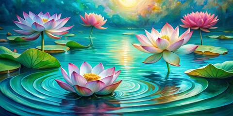 Vibrant, abstract representation of lotus flowers, water, and ripples, symbolizing growth, renewal, and harmony, with bold brushstrokes and calming turquoise hues.