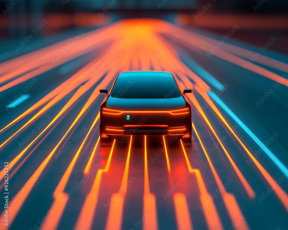 Poster a sleek car illuminated by vibrant orange lights, creating a dynamic motion effect on a blurred urba
