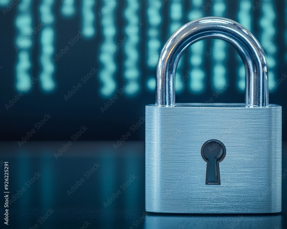 Poster a sleek silver padlock in front of a digital backdrop, symbolizing security and data protection in t