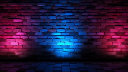 Brick Wall Background, Rough Concrete With Glowing Red Blue Lights. Neural network ai generated art