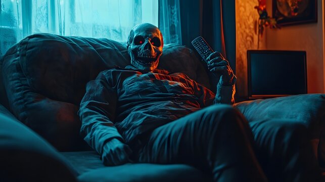 A Horror Maniac Sitting on the Sofa in a Dark Living Room, Holding a Remote and Watching TV &ndash; A Chilling and Unsettling Scene.